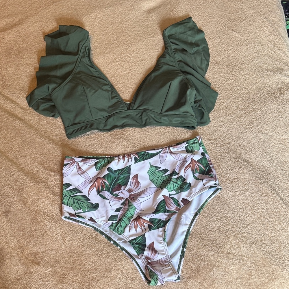 Cupshe Olive Ruffle Bikini Top with Tropical Print High-Waist Bottoms
